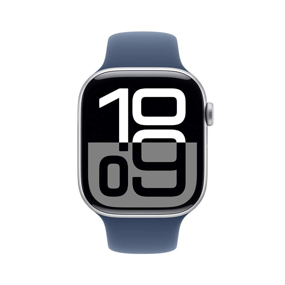 Apple Watch Series 10 GPS • Caja de aluminio color plata de 46 mm • Correa deportiva azul denim - M/L