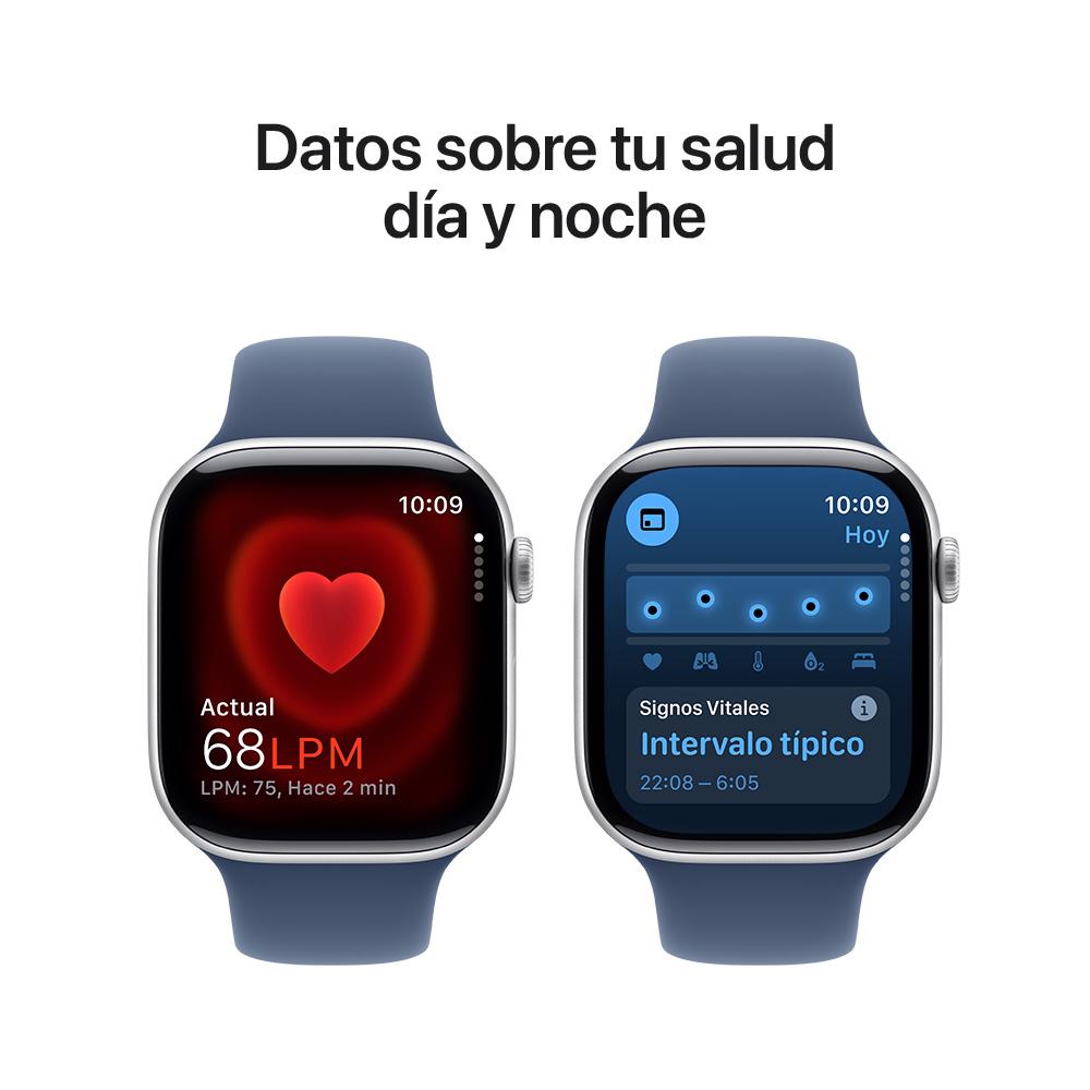 Apple Watch Series 10 GPS • Caja de aluminio color plata de 46 mm • Correa deportiva azul denim - M/L