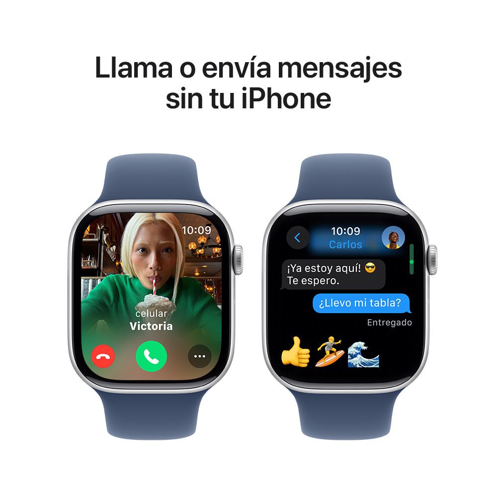 Apple Watch Series 10 GPS • Caja de aluminio color plata de 46 mm • Correa deportiva azul denim - M/L
