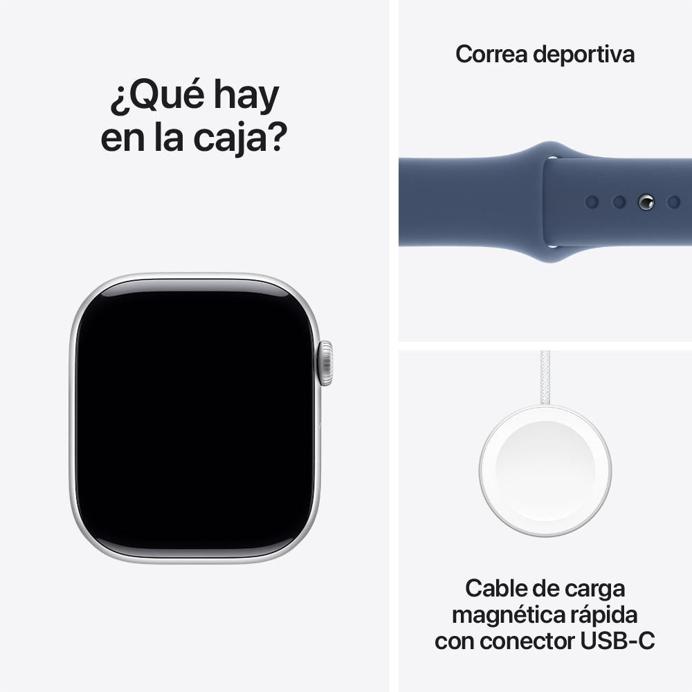 Apple Watch Series 10 GPS • Caja de aluminio color plata de 46 mm • Correa deportiva azul denim - M/L