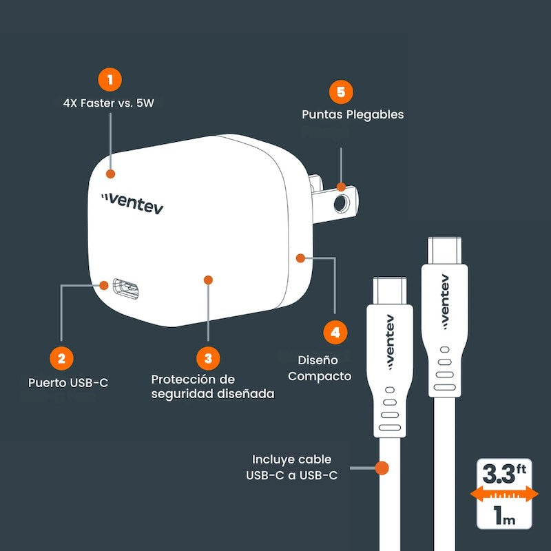 ADAPTADOR VENTEV DE PARED 20W USB-C + CABLE USB-C WHITE