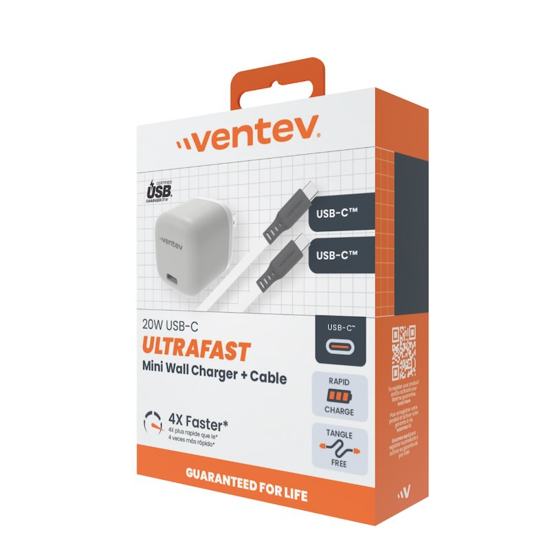 ADAPTADOR VENTEV DE PARED 20W USB-C + CABLE USB-C WHITE