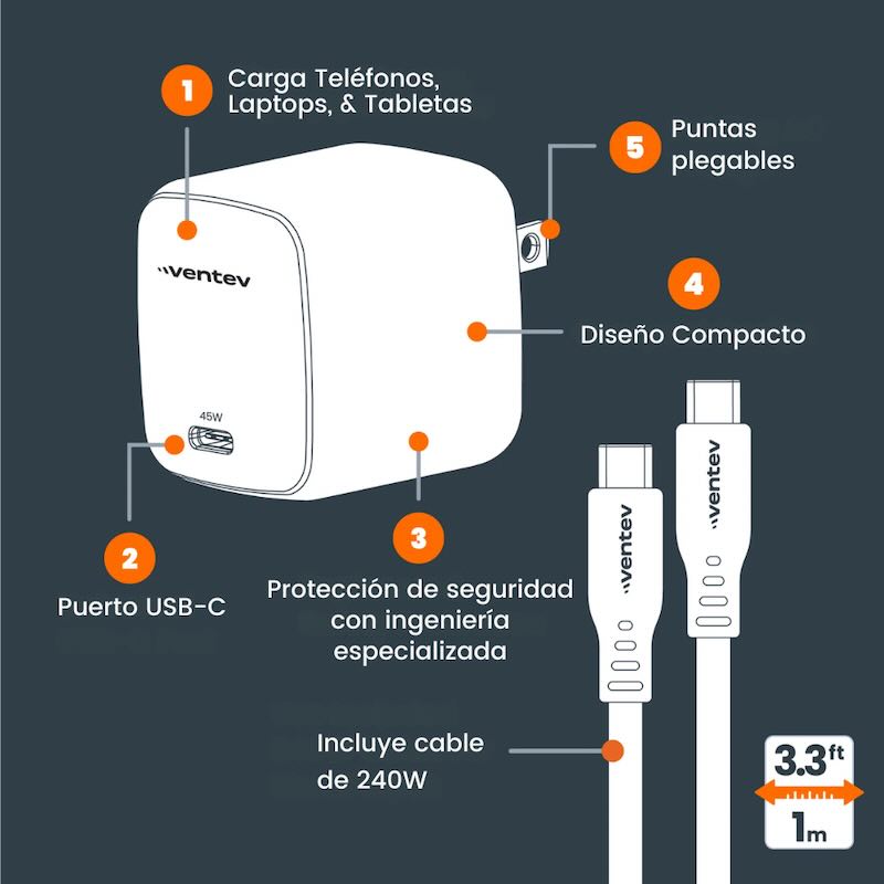 ADAPTADOR VENTEV DE PARED 45W + CABLE DE CARGA 240W USB-C