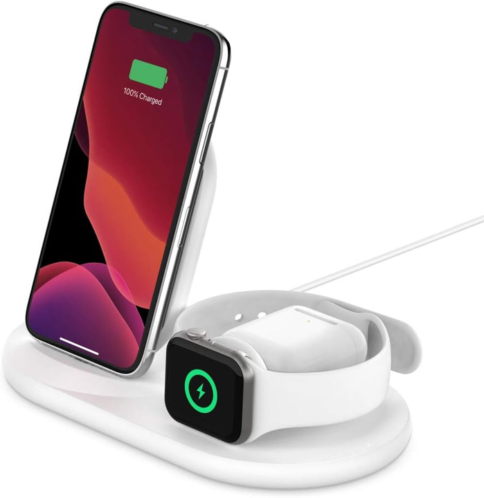 Base De Carga Stand Inalámbrica Belkin Qi 7.5w / 3 En 1 - Blanco