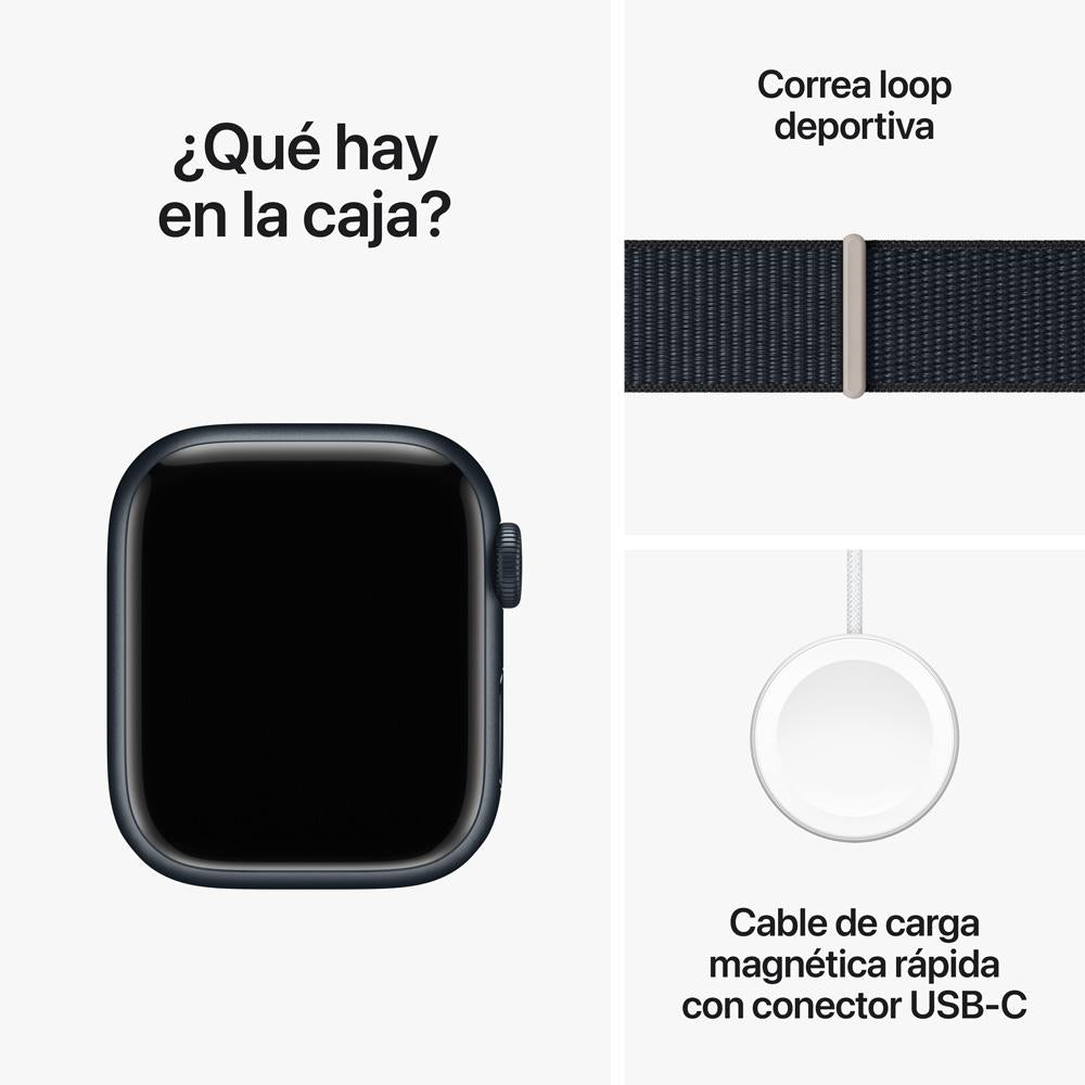 Apple Watch Series 9 GPS • Caja de aluminio color medianoche de 41 mm • Correa loop deportiva color medianoche