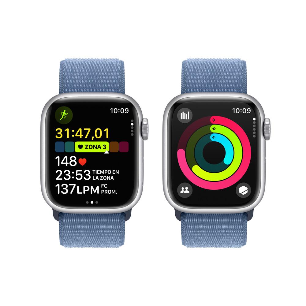Apple Watch Series 9 GPS • Caja de aluminio color plata de 41 mm • Correa loop deportiva azul invierno