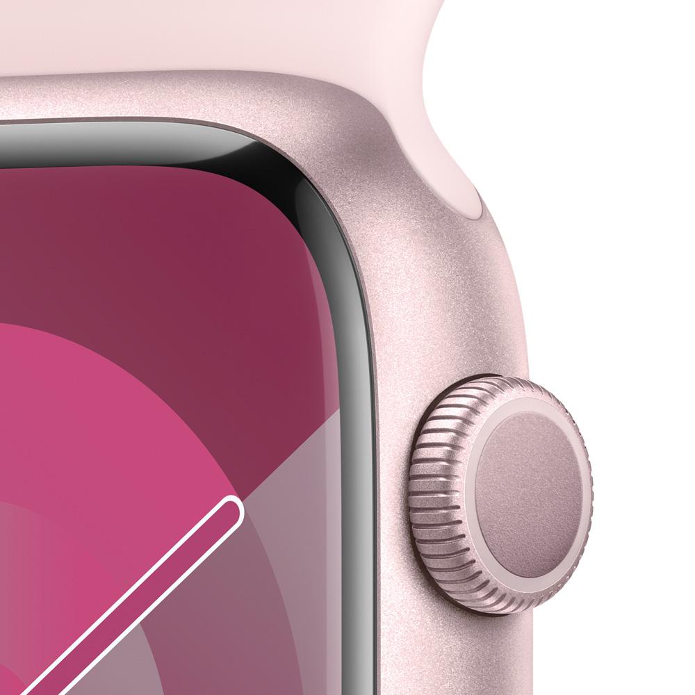 Apple Watch Series 9 GPS • Caja de aluminio rosada de 45 mm • Correa deportiva rosado claro - S/M