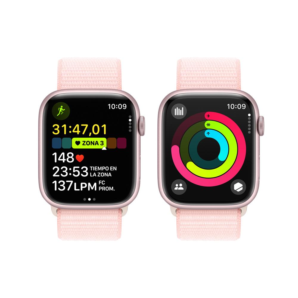 Apple Watch Series 9 GPS • Caja de aluminio rosada de 45 mm • Correa loop deportiva rosado claro