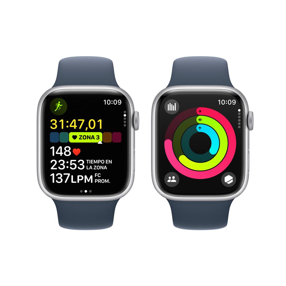 Apple Watch Series 9 GPS • Caja de aluminio color plata de 45 mm • Correa deportiva azul tormenta - S/M