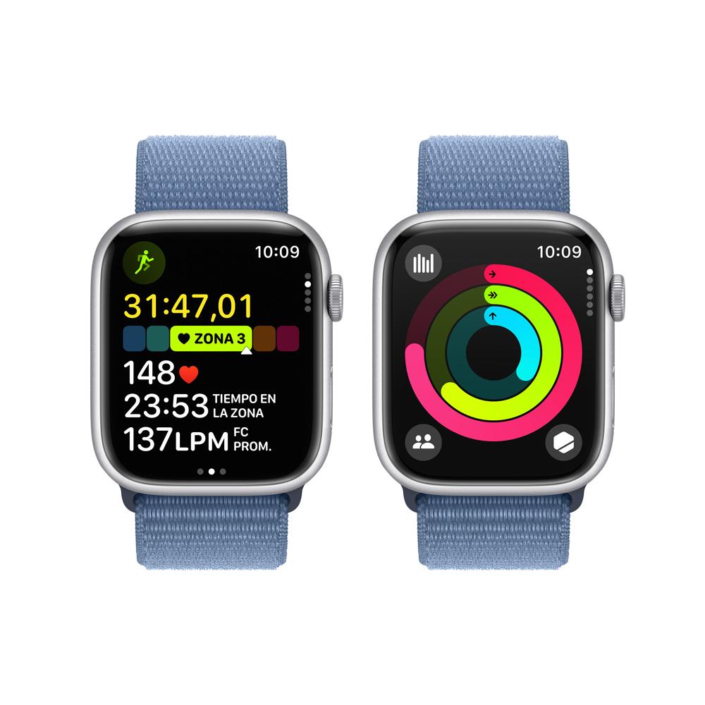 Apple Watch Series 9 GPS • Caja de aluminio color plata de 45 mm • Correa loop deportiva azul invierno