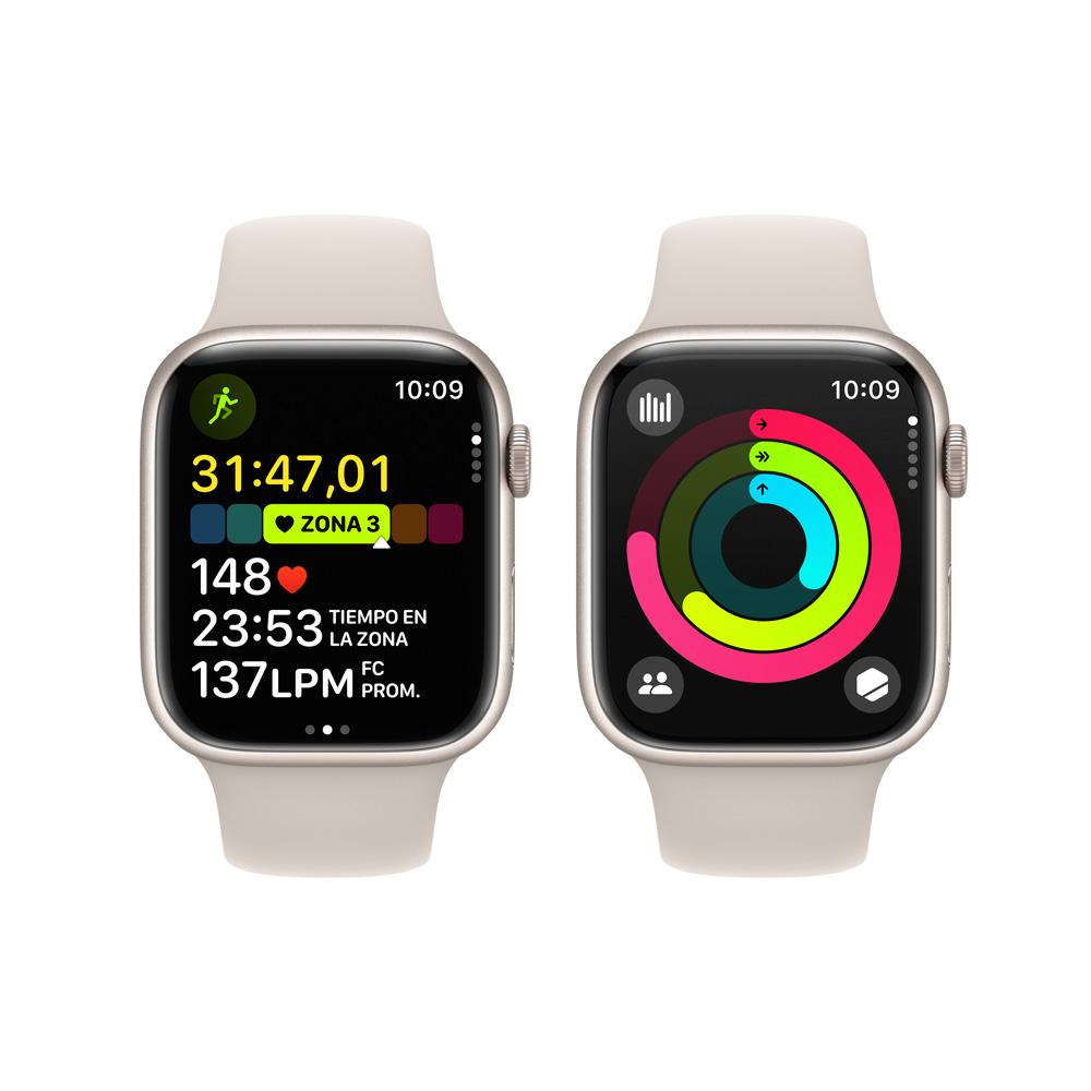 Apple Watch Series 9 GPS • Caja de aluminio blanco estelar de 45 mm • Correa deportiva blanco estelar - S/M