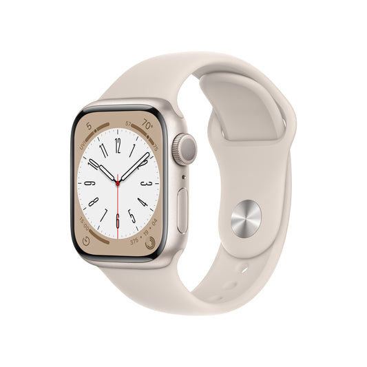 Apple Watch Series 8 (GPS) - Caja de aluminio en blanco estrella de 41 mm - Correa deportiva blanco estrella - Talla única