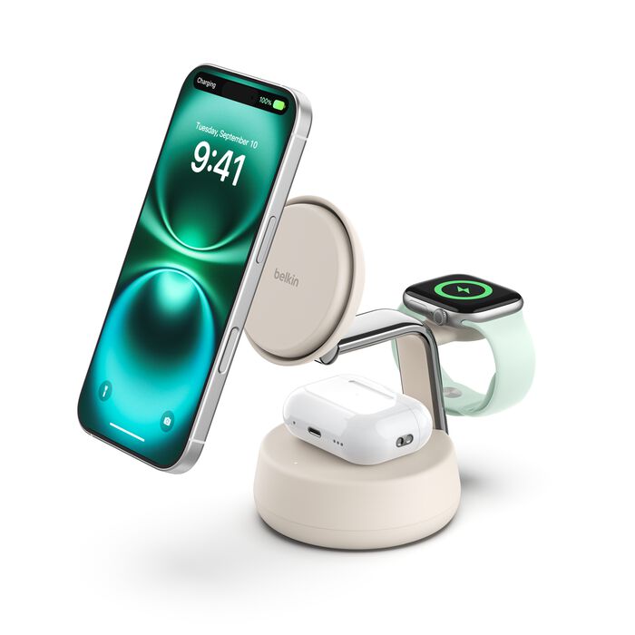BASE DE CARGA BELKIN 3 EN 1 CHILLBOOST DOCK 25W QI2 SAND