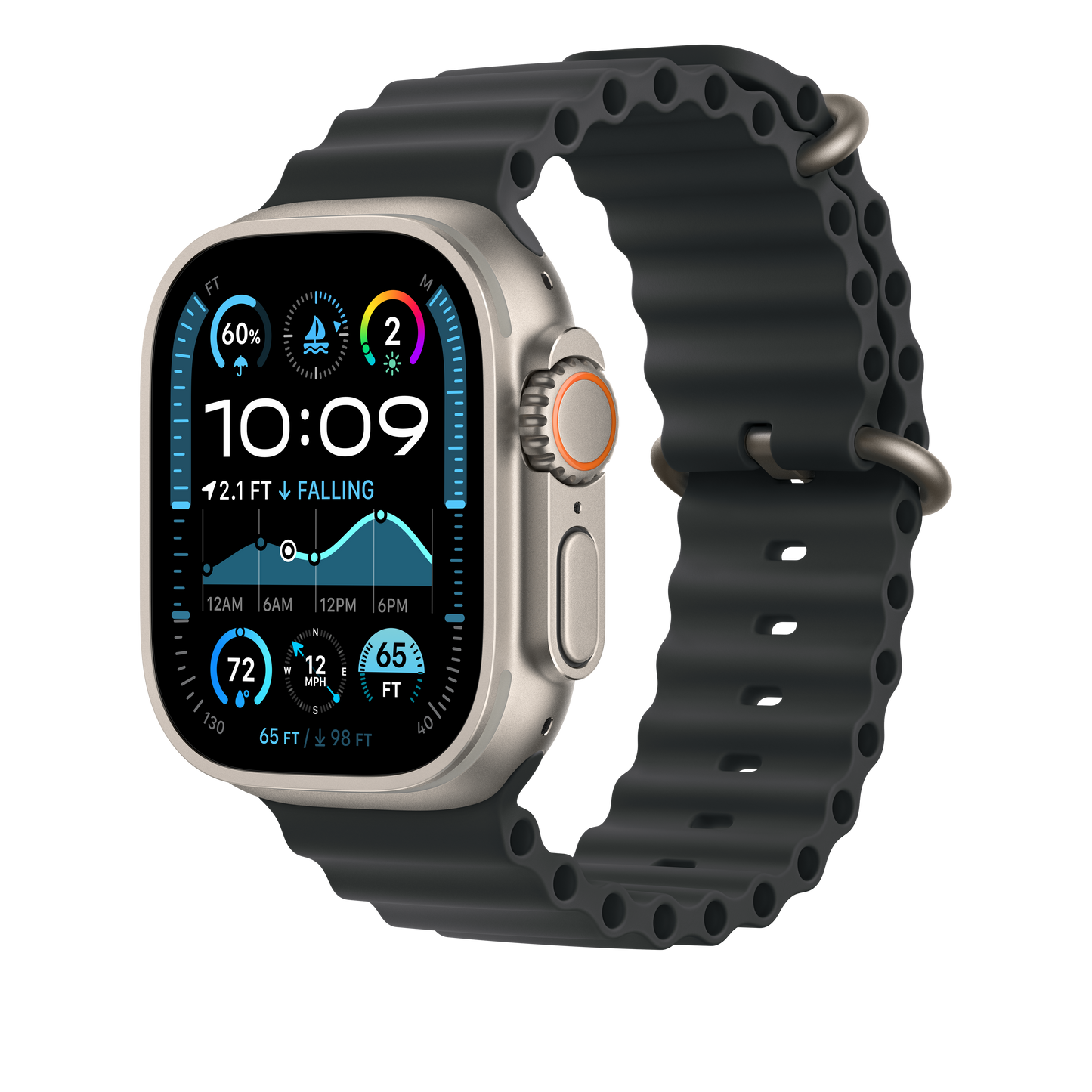 Correa Ocean negra para caja de 49 mm - Acabado de titanio natural