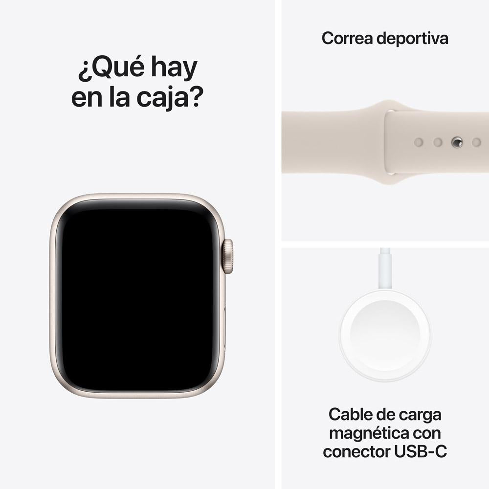 Apple Watch SE GPS • Caja de aluminio blanco estelar de 44 mm • Correa deportiva blanco estelar - S/M
