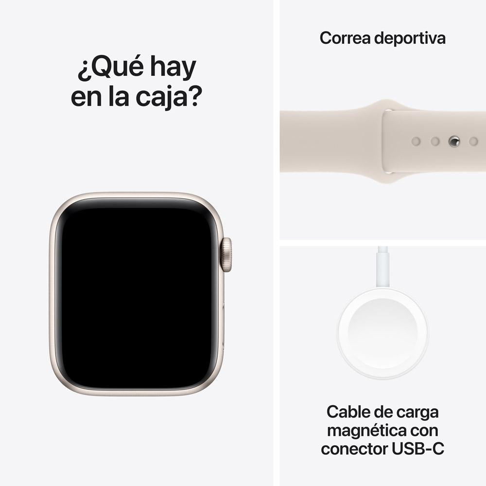 Apple Watch SE GPS • Caja de aluminio blanco estelar de 44 mm • Correa deportiva blanco estelar - M/L