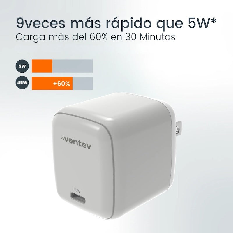 ADAPTADOR VENTEV DE PARED 45W + CABLE DE CARGA 240W USB-C
