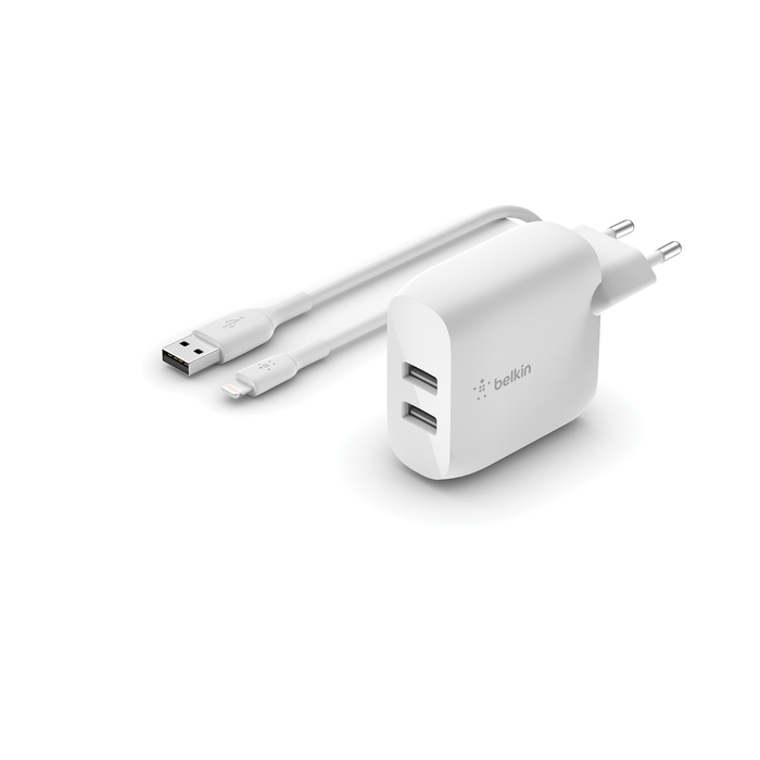 Cargador de pared BELKIN doble USB-A de 24 W + cable Lightning a USB-A - Blanco