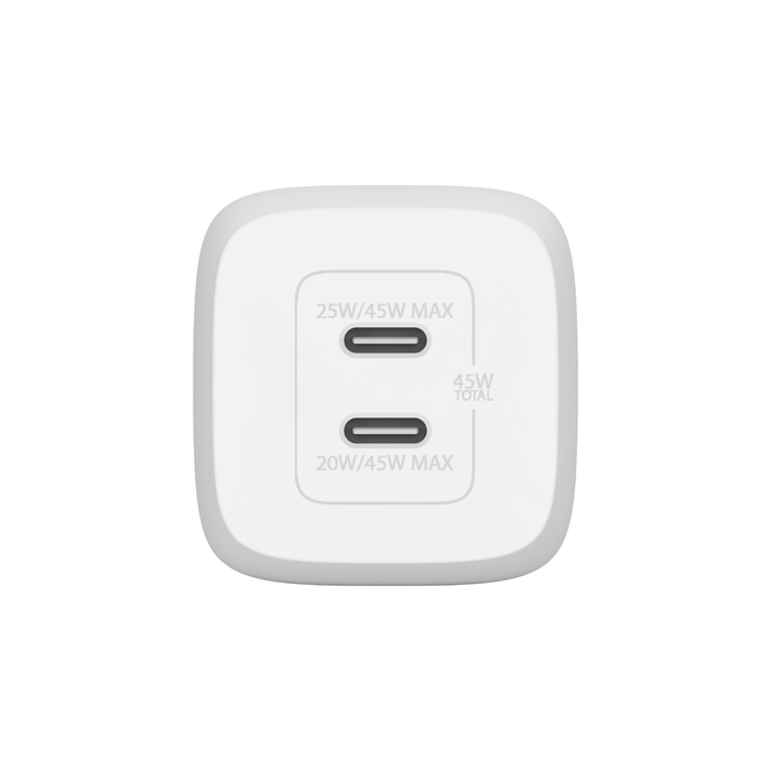 Adaptador de pared BELKIN GaN con doble puerto USB-C y PPS de 45 W - Blanco