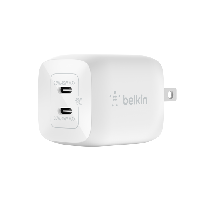 Adaptador de pared BELKIN GaN con doble puerto USB-C y PPS de 45 W - Blanco