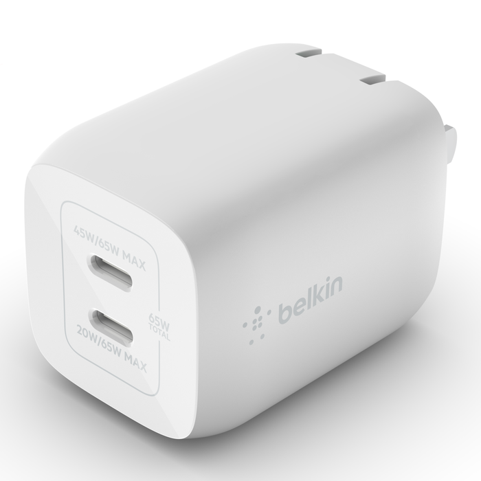 Cargador de pared doble BELKIN  USB-C GaN con PPS de 65 W - Blanco