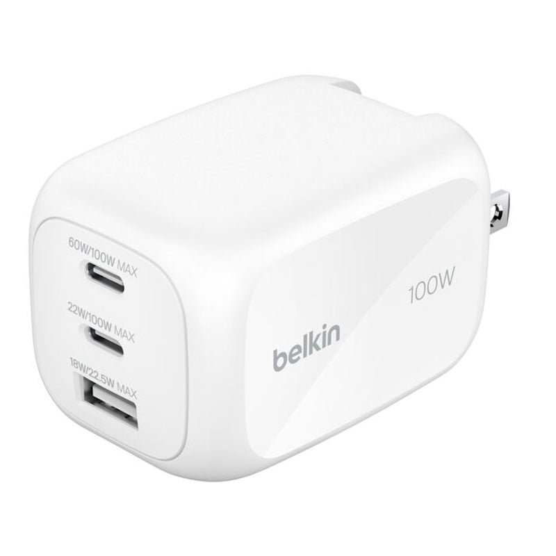 ADAPTADOR BELKIN DE PARED 100W 3 PUERTOS USB-C USB-A WHITE
