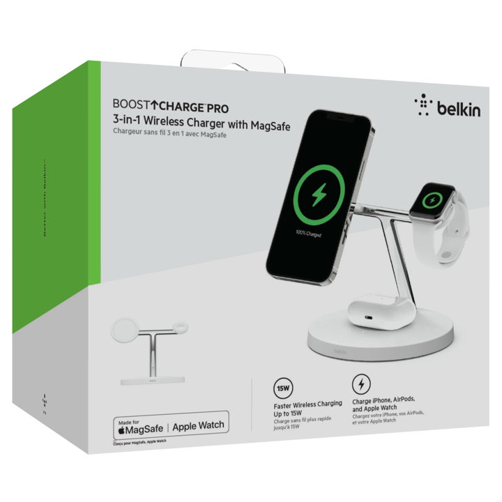 Base inalámbrica Belkin 3 en 1 compatible Con MagSafe 15W- Blanco