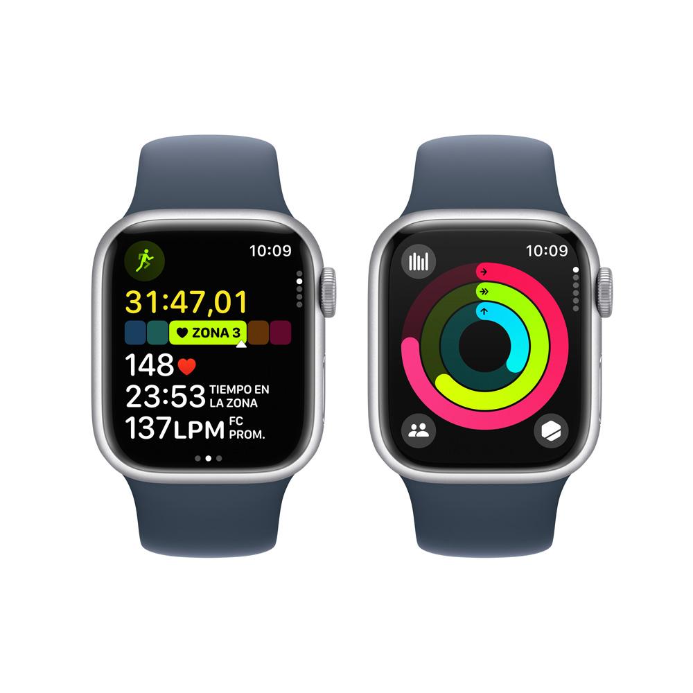 Apple Watch Series 9 GPS • Caja de aluminio color plata de 41 mm • Correa deportiva azul tormenta - M/L