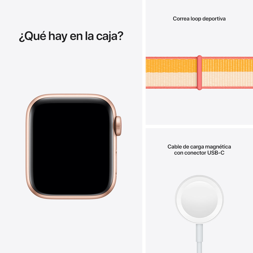 Apple Watch SE (GPS + Cellular) - Caja de aluminio en oro de 40 mm - Correa Loop deportiva en color maíz/blanco