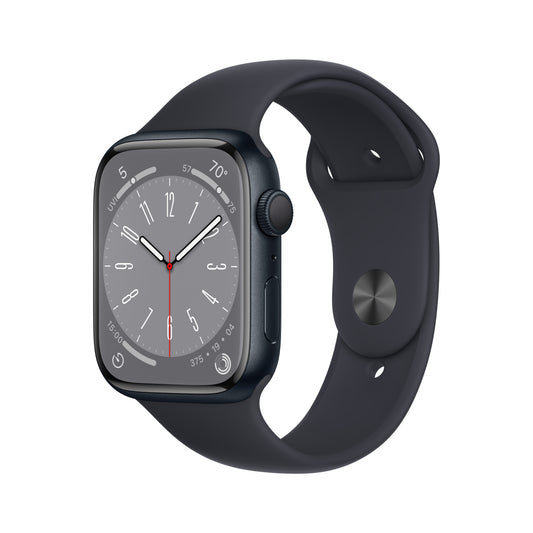 Apple Watch Series 8 (GPS) - Caja de aluminio en color medianoche de 45 mm - Correa deportiva en color medianoche - Talla M/L